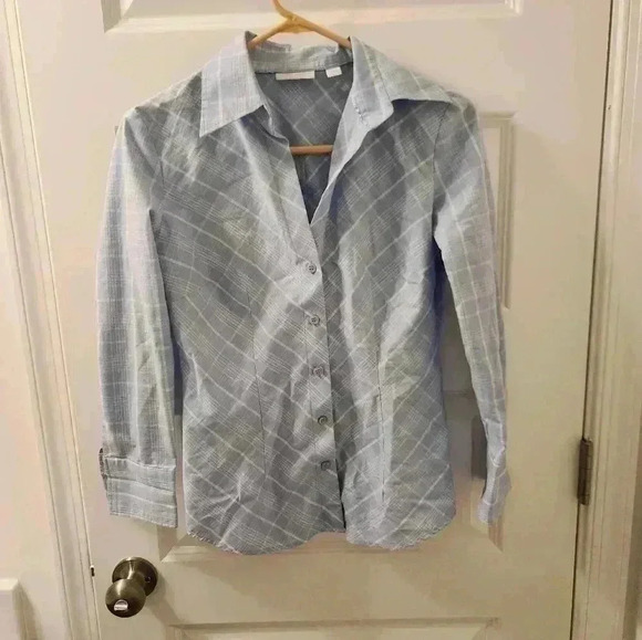 New York & Company Tops - New York & Company Blue Plaid Button Size XS V Neck Polo Womens Business #P266